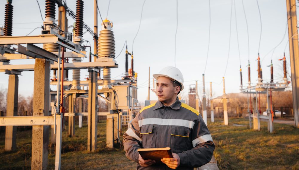 The energy engineer inspects the equipment of the substation. Power engineering. Industry